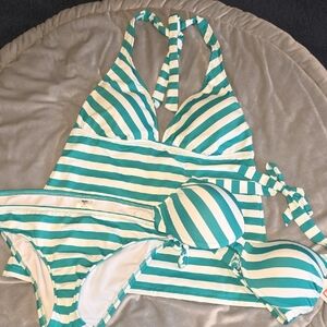 Womens Teal and White Stripe Tankini & Bikini Swim Set -3 Piece